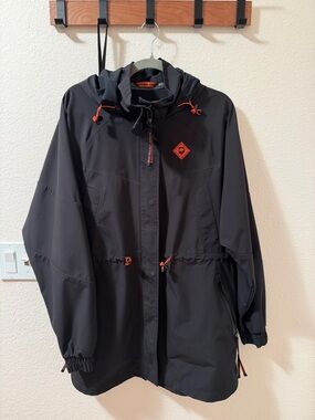 Black Hooded Anorak Jacket with Orange Accents